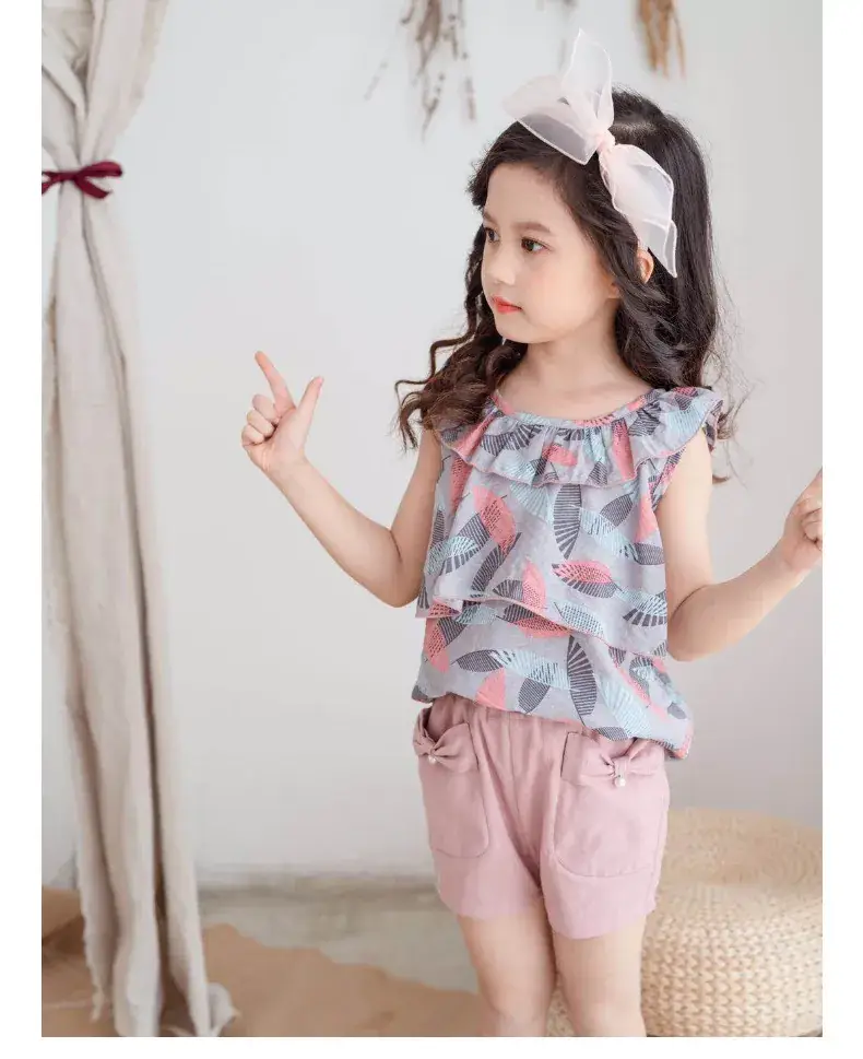Girls Cotton Sleeveless Shorts Set Pink Floral Summer Wear — feature 16