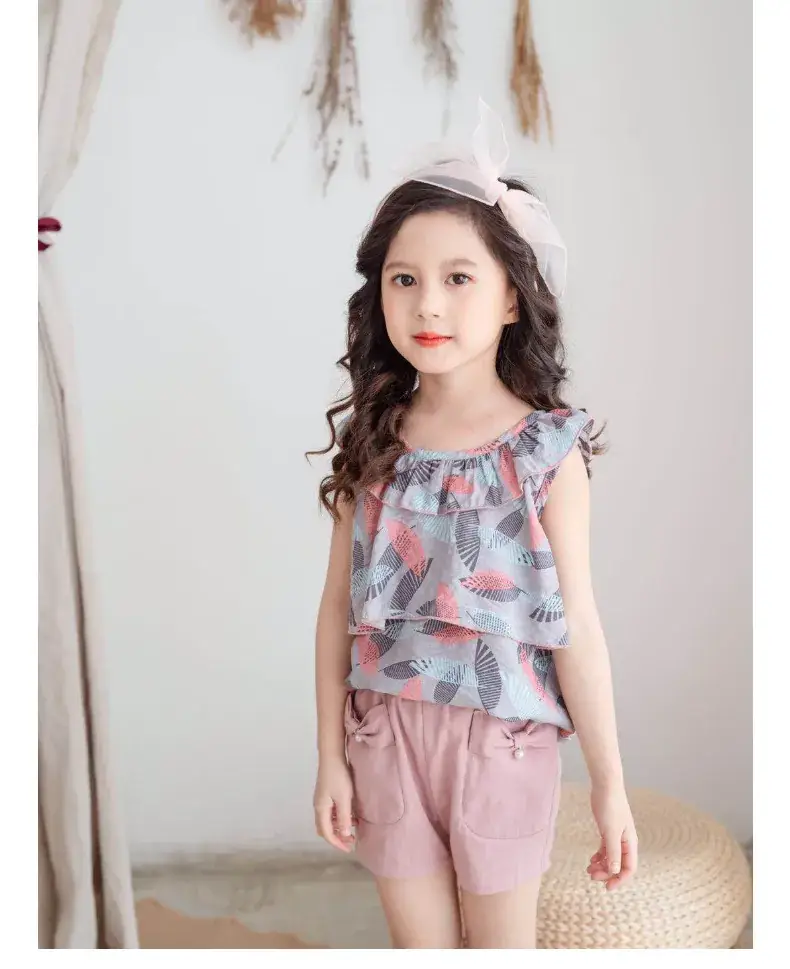 Girls Cotton Sleeveless Shorts Set Pink Floral Summer Wear — feature 17