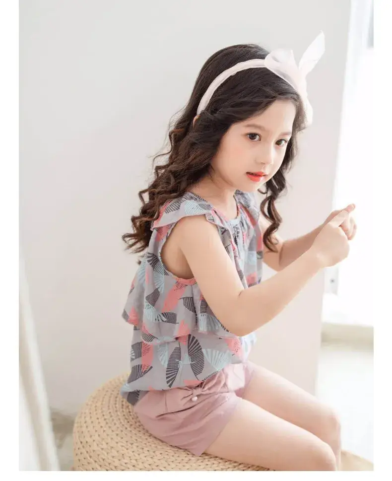 Girls Cotton Sleeveless Shorts Set Pink Floral Summer Wear — feature 18