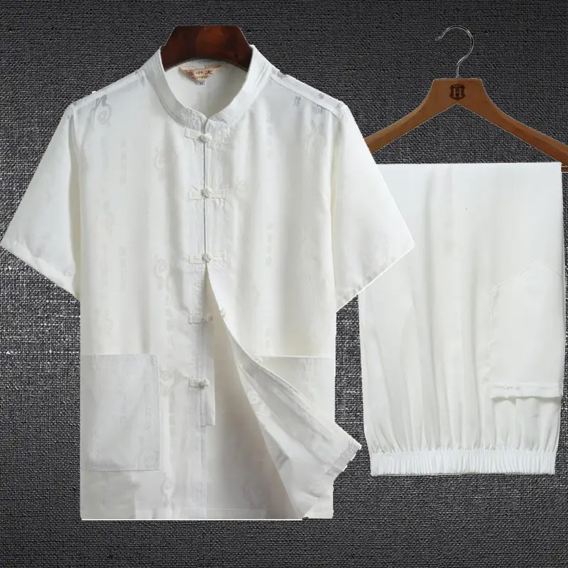 Men Chinese Linen Tang Suit White Short Sleeve - Image 9