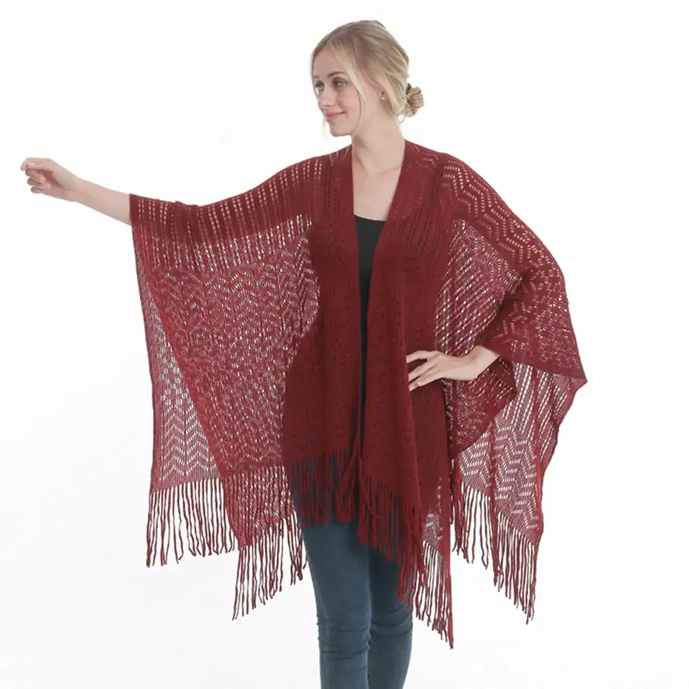 Women's Maroon Tassel Shawl Large Medium Long Jacket