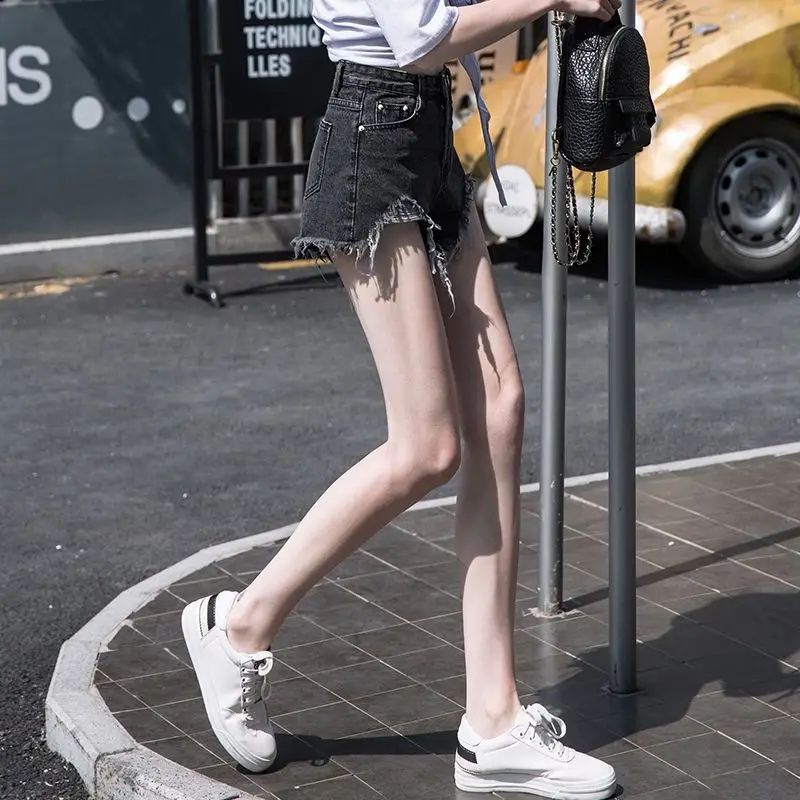 Women Denim Shorts 2021 New Ripped Wide Leg Black Gray