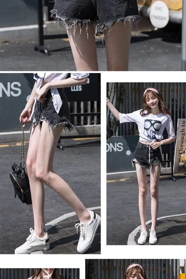 Women Denim Shorts 2021 New Ripped Wide Leg Black Gray — feature 10