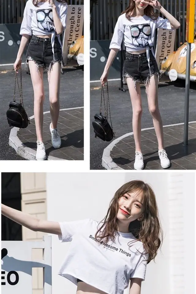 Women Denim Shorts 2021 New Ripped Wide Leg Black Gray — feature 11