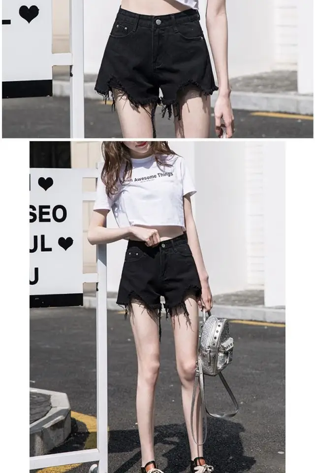 Women Denim Shorts 2021 New Ripped Wide Leg Black Gray — feature 12