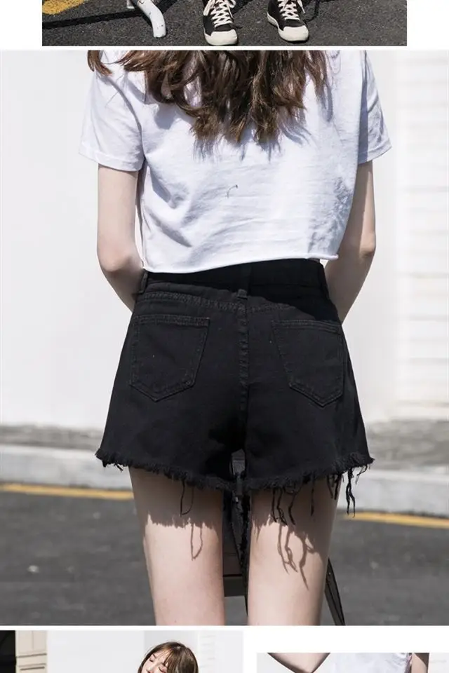 Women Denim Shorts 2021 New Ripped Wide Leg Black Gray — feature 13