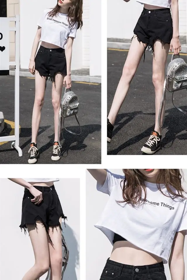 Women Denim Shorts 2021 New Ripped Wide Leg Black Gray — feature 14