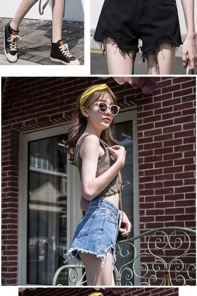 Women Denim Shorts 2021 New Ripped Wide Leg Black Gray — feature 15