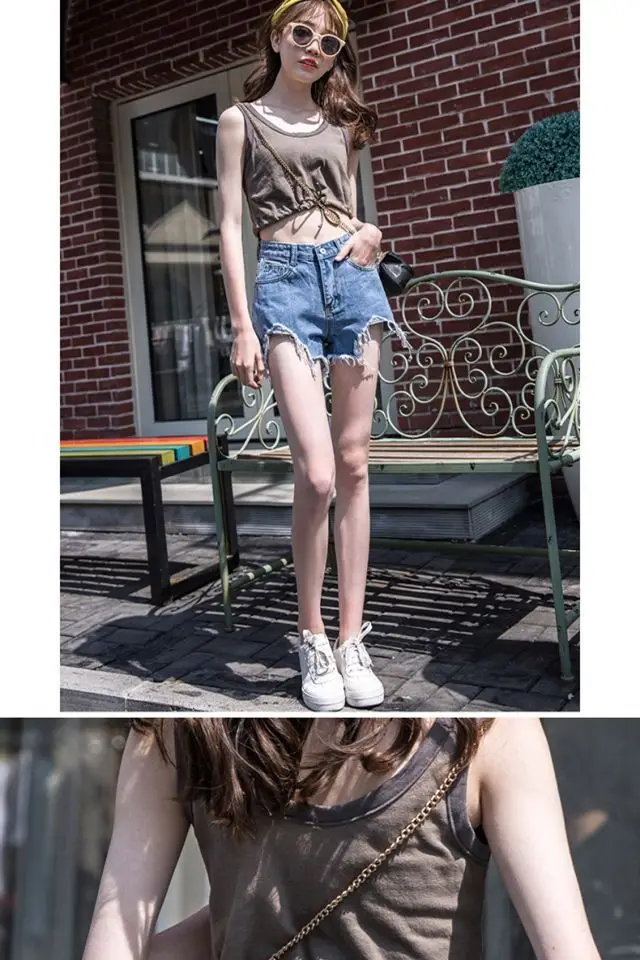 Women Denim Shorts 2021 New Ripped Wide Leg Black Gray — feature 16