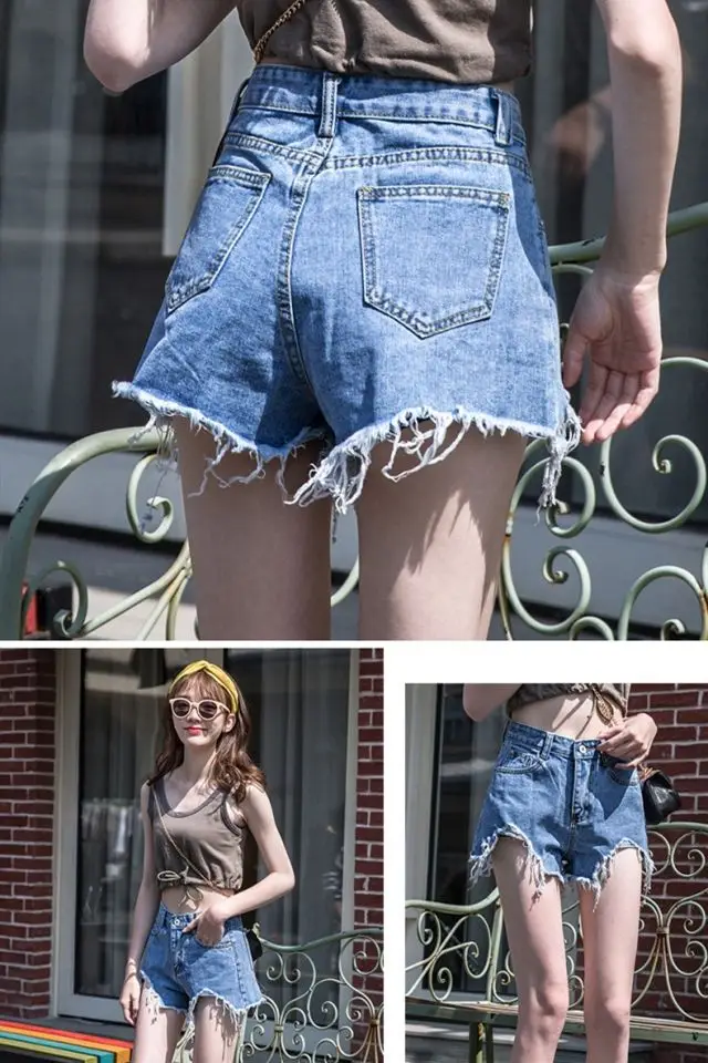 Women Denim Shorts 2021 New Ripped Wide Leg Black Gray — feature 17