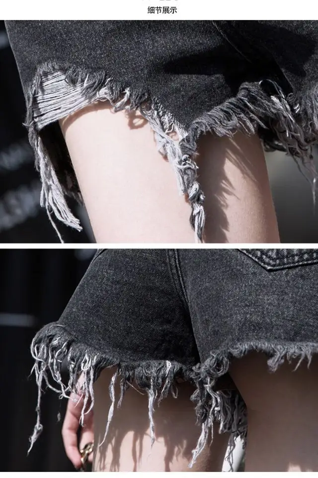 Women Denim Shorts 2021 New Ripped Wide Leg Black Gray — feature 19