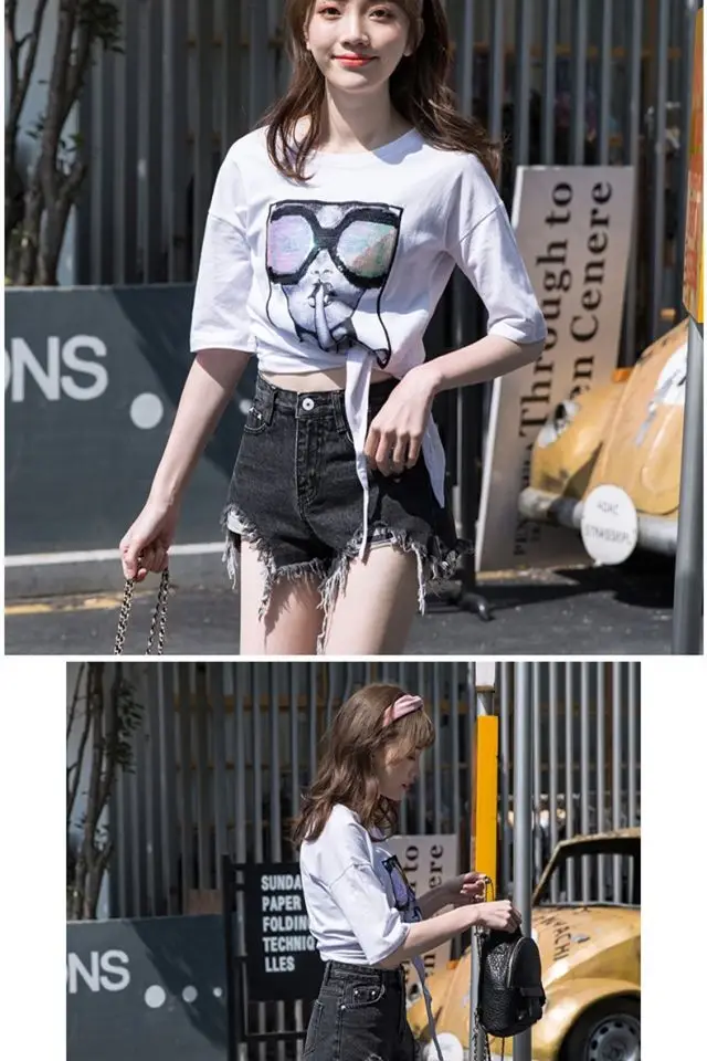 Women Denim Shorts 2021 New Ripped Wide Leg Black Gray — feature 8