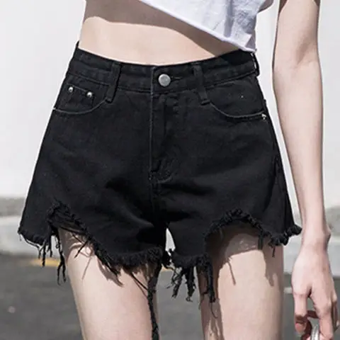 Women Denim Shorts 2021 New Ripped Wide Leg Black Gray