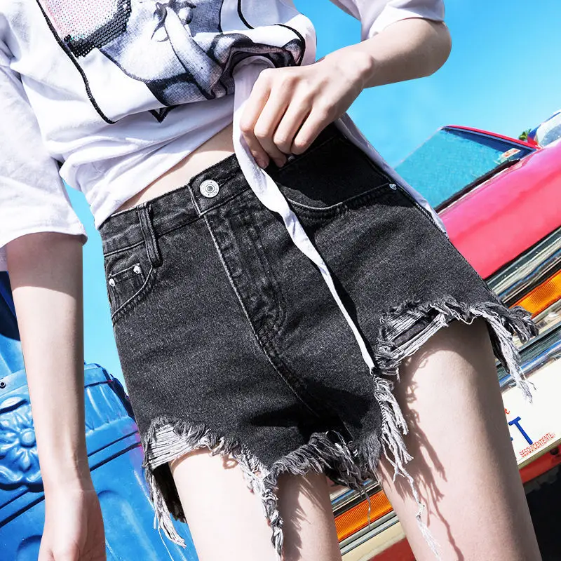 Women Denim Shorts 2021 New Ripped Wide Leg Black Gray