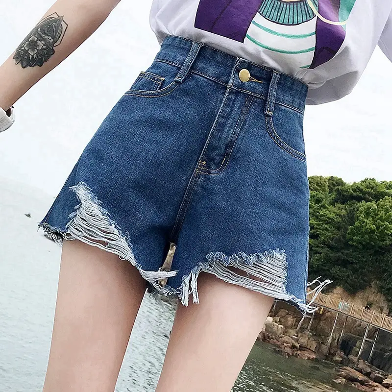 Women Denim Shorts 2021 New Ripped Wide Leg Black Gray