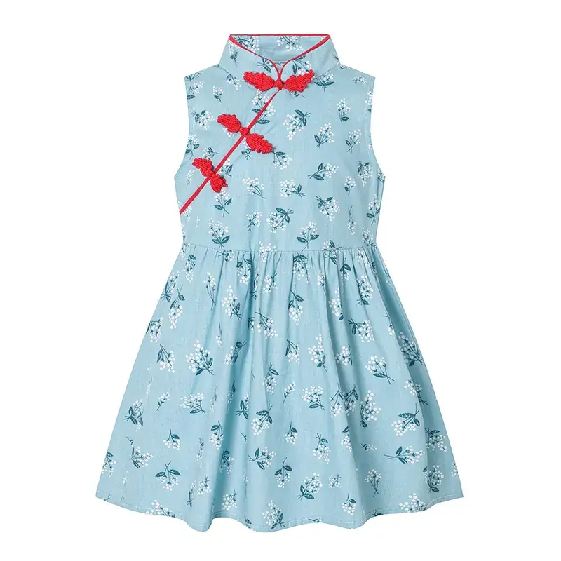 Girls' Blue Floral Cheongsam Dress 2025 Spring Summer - Image 2
