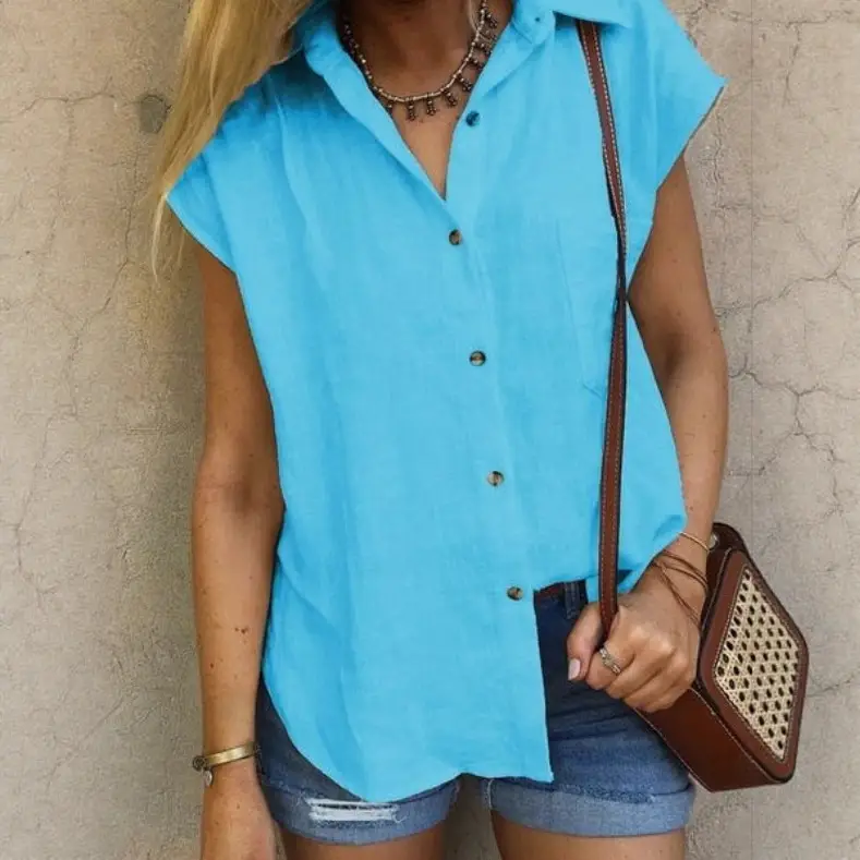 Women White Button Down Lapel Shirt Summer Casual - Image 7