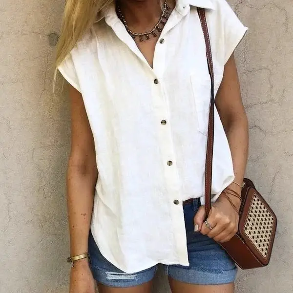 Women White Button Down Lapel Shirt Summer Casual - Image 8
