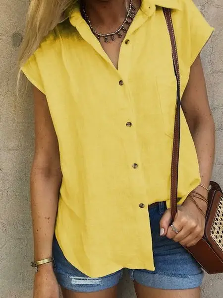 Women White Button Down Lapel Shirt Summer Casual - Image 2