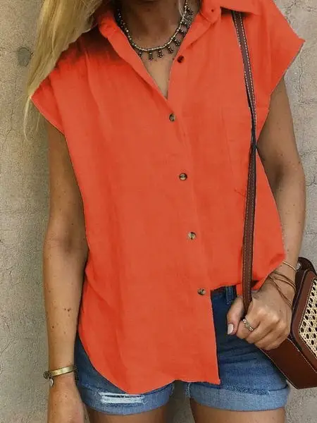 Women White Button Down Lapel Shirt Summer Casual - Image 3