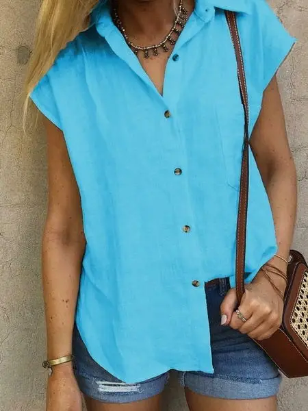 Women White Button Down Lapel Shirt Summer Casual - Image 4