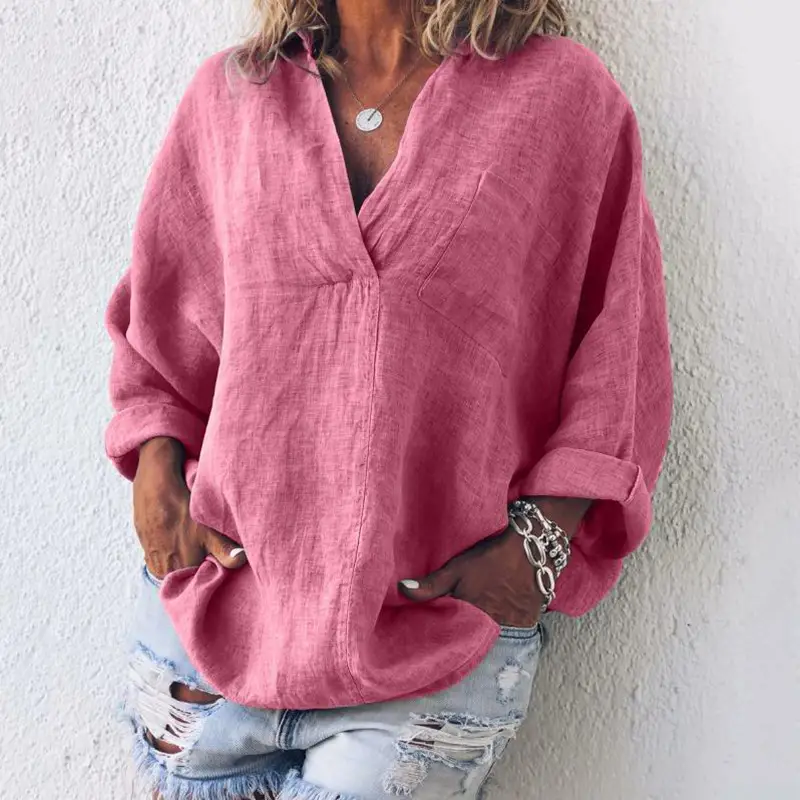 Women V Neck Long Sleeve Pullover Shirt Brown - Image 3