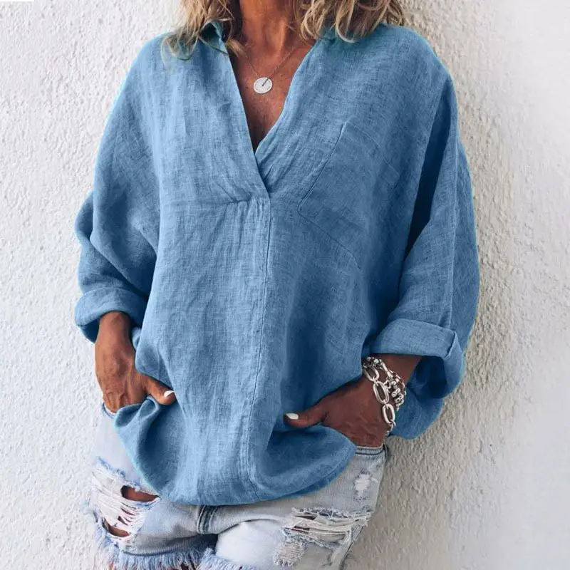 Women V Neck Long Sleeve Pullover Shirt Brown - Image 4