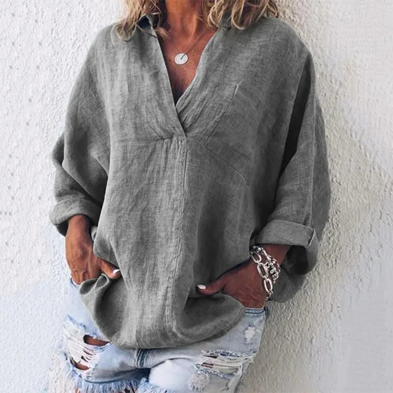 Women V Neck Long Sleeve Pullover Shirt Brown - Image 5