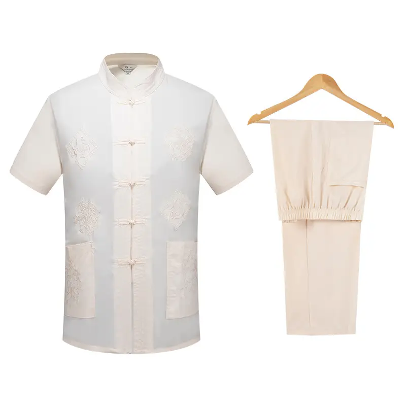 Men Navy Blue Embroidered Tang Suit Summer Short Sleeve