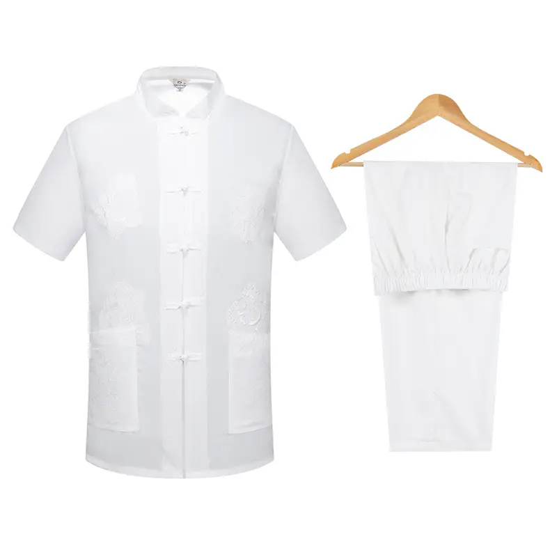 Men Navy Blue Embroidered Tang Suit Summer Short Sleeve