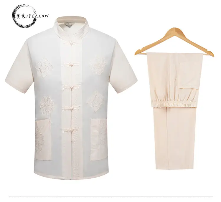 Men Navy Blue Embroidered Tang Suit Summer Short Sleeve — feature 8