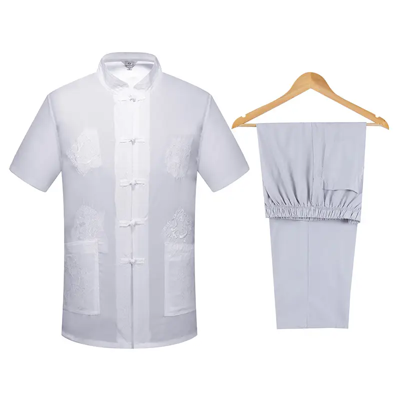 Men Navy Blue Embroidered Tang Suit Summer Short Sleeve