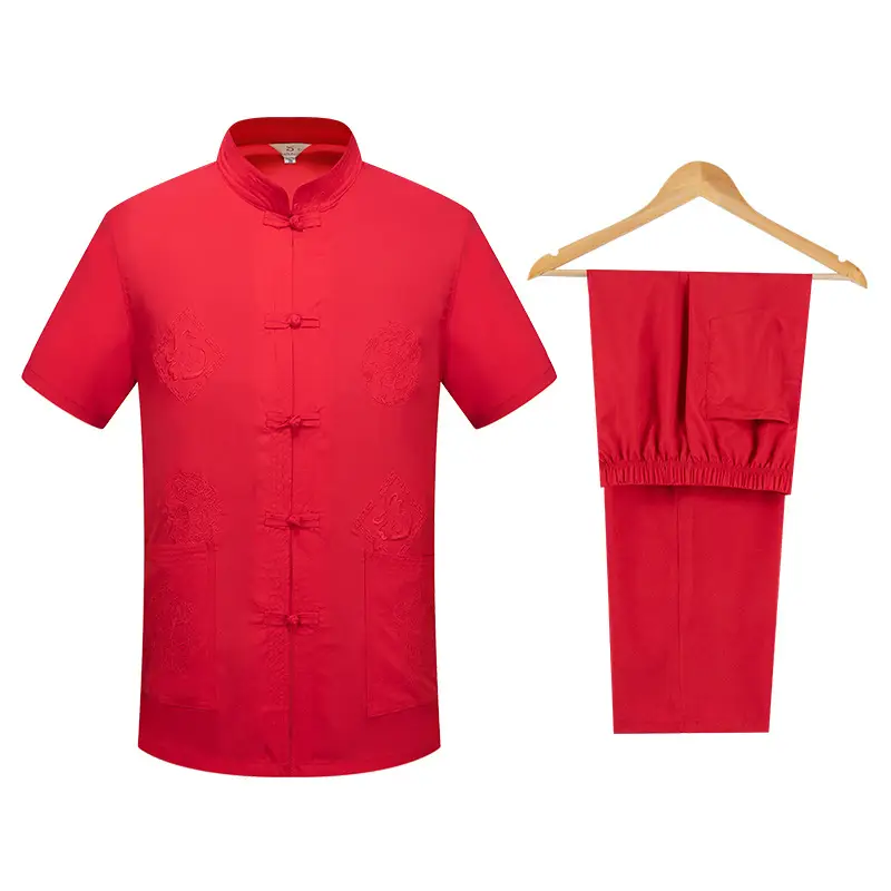 Men Navy Blue Embroidered Tang Suit Summer Short Sleeve