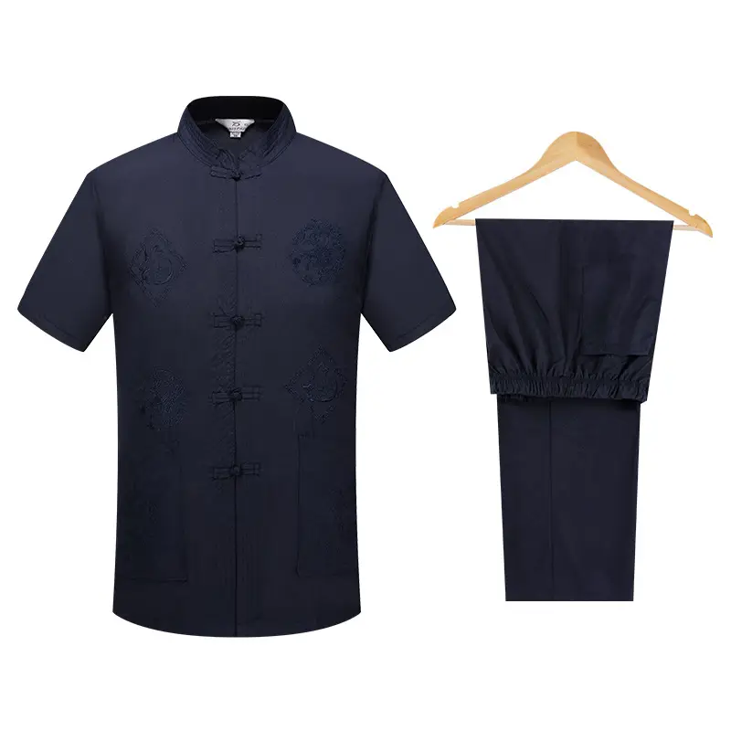 Men Navy Blue Embroidered Tang Suit Summer Short Sleeve