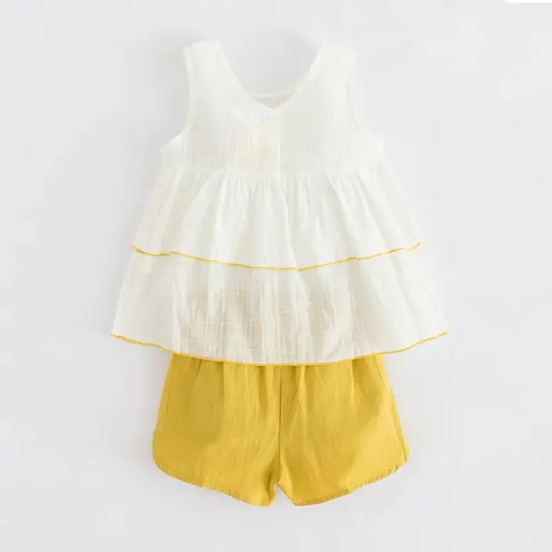Girls Cotton Two-Piece Shorts Set Yellow White - Image 5
