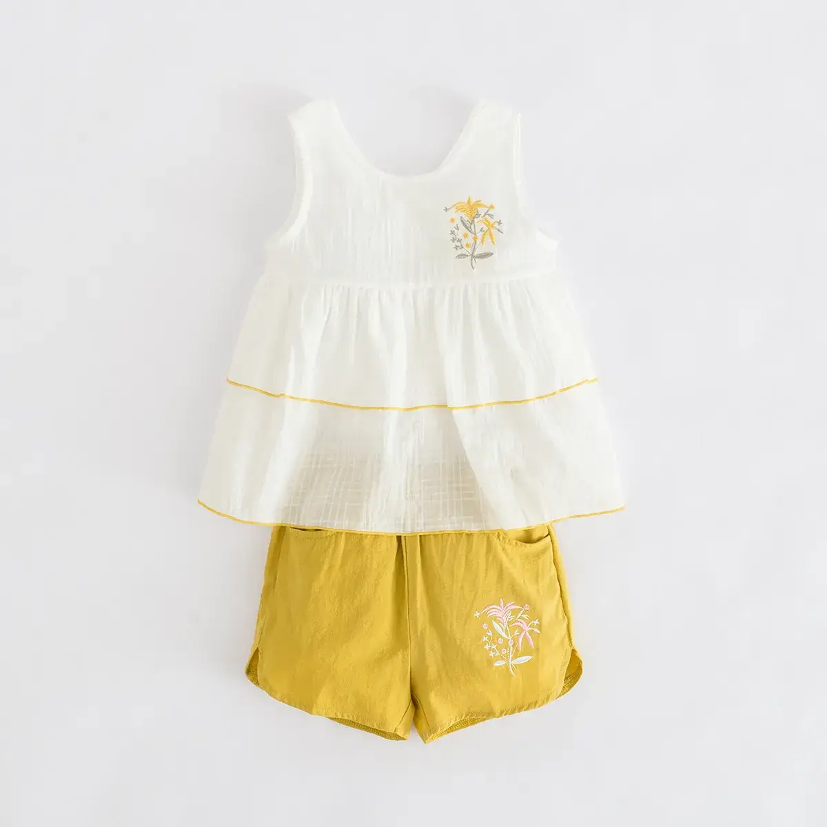 Girls Cotton Two-Piece Shorts Set Yellow White - Image 7