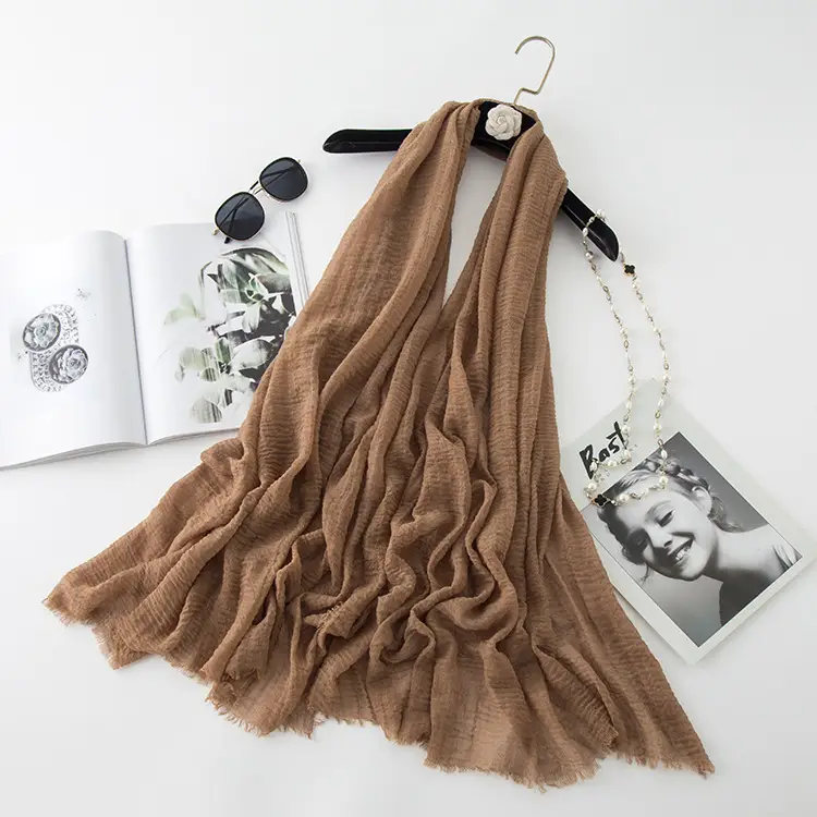 Wrinkled Cotton Linen Scarf Olive Green Muslim Shawl - Image 14