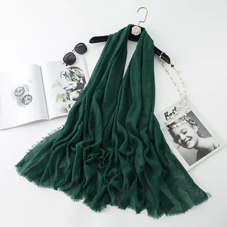 Wrinkled Cotton Linen Scarf Olive Green Muslim Shawl - Image 17