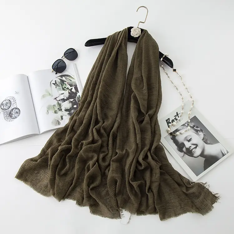 Wrinkled Cotton Linen Scarf Olive Green Muslim Shawl - Image 24