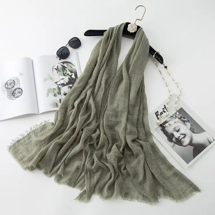 Wrinkled Cotton Linen Scarf Olive Green Muslim Shawl - Image 27
