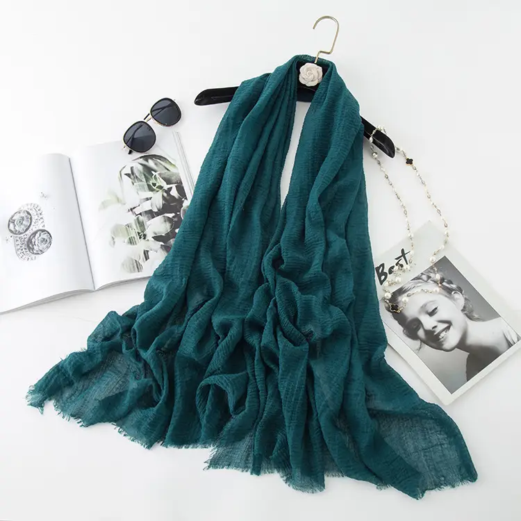 Wrinkled Cotton Linen Scarf Olive Green Muslim Shawl - Image 9