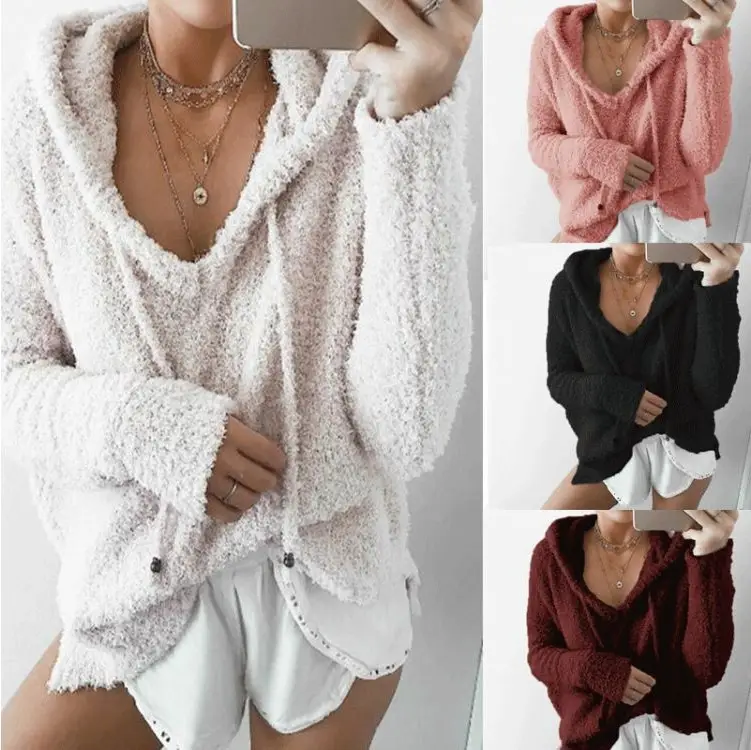 Women Pink Mohair Hoodie Drawstring Fleece Sweatshirt - Image 9