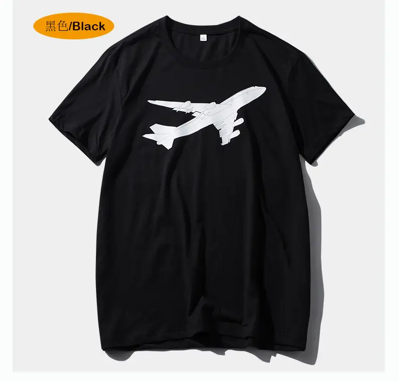 Men Flying Plane Black T-Shirt Gray Cotton Summer - Image 4