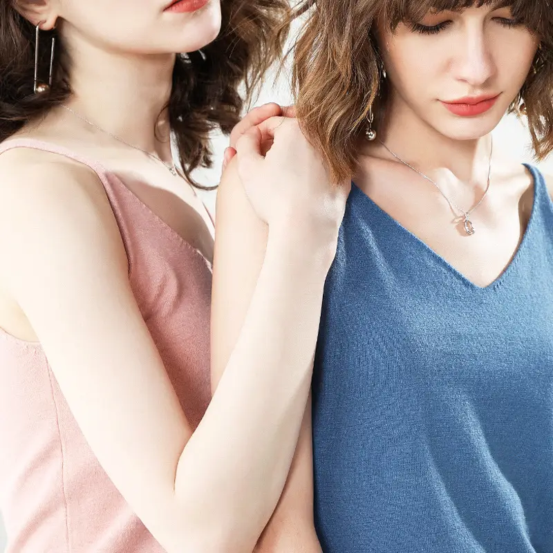 Women V-neck Camisole Pink Knitted Slim Fit - Image 14