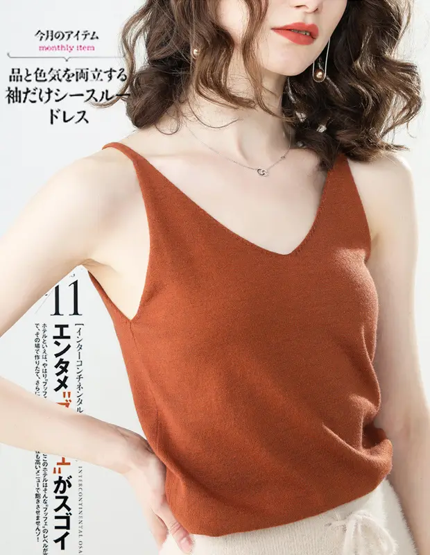 Women V-neck Camisole Pink Knitted Slim Fit - Image 7