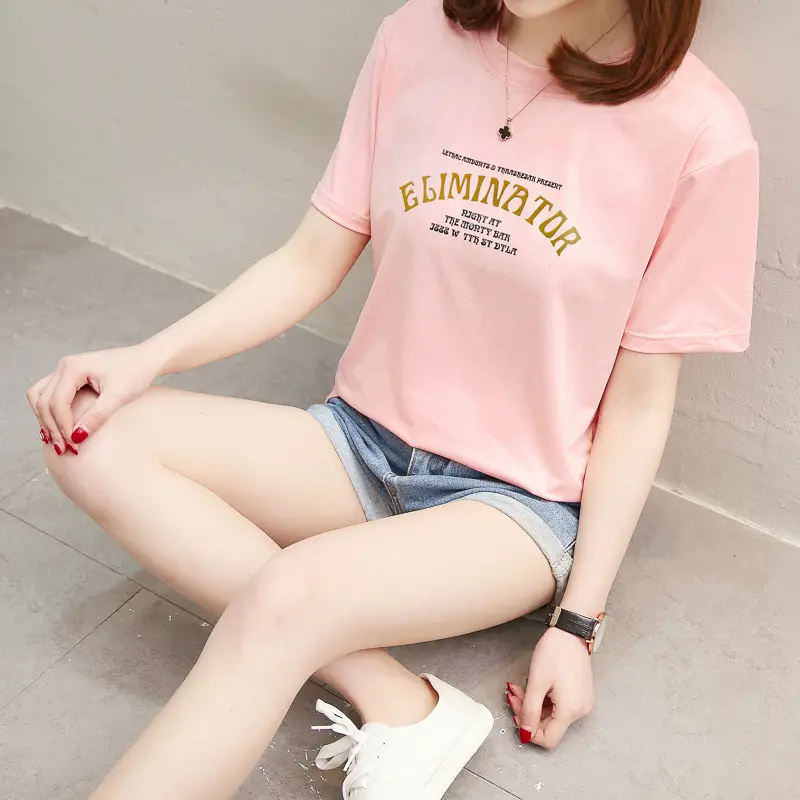 Women Pink Letter Print T-Shirt Short Sleeve Summer — feature 2
