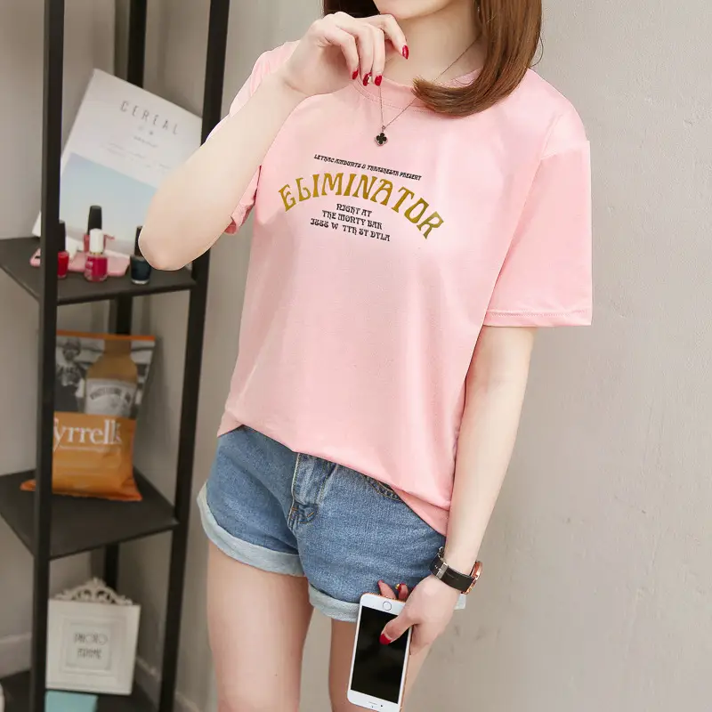 Women Pink Letter Print T-Shirt Short Sleeve Summer — feature 3
