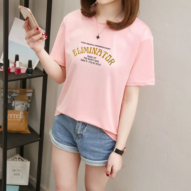 Women Pink Letter Print T-Shirt Short Sleeve Summer — feature 4