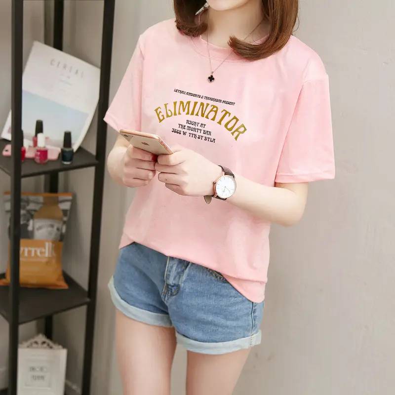Women Pink Letter Print T-Shirt Short Sleeve Summer — feature 5
