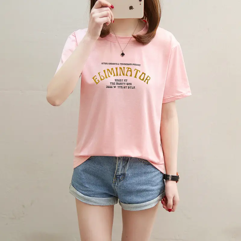 Women Pink Letter Print T-Shirt Short Sleeve Summer — feature 6